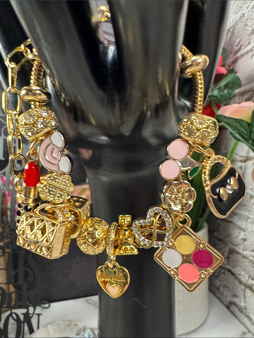 Gold-Tone Charm Bracelet with Pink and Multicolor Enamel Accents